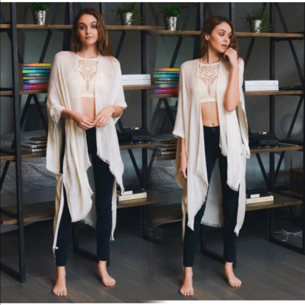New Chic High Low Cardi Wrap Fray Trim - Picture 3 of 5